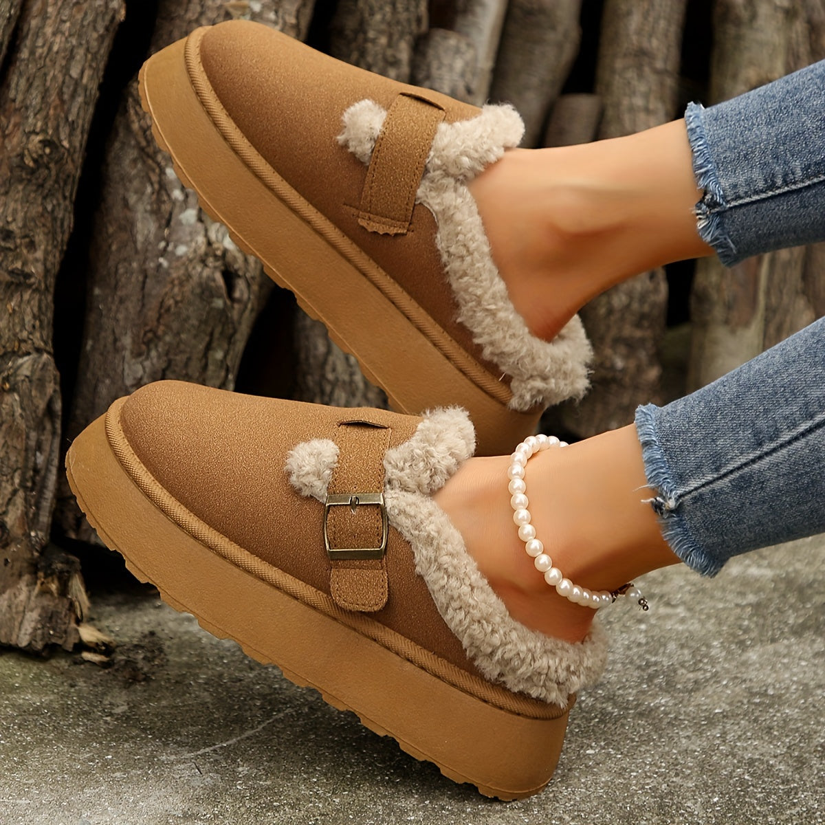 Chausson Botte Femme Aspect Daim, Col Peluche, Boucle
