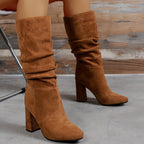 Bottes Mi-Mollet Femme Plissées, Aspect Daim, Talon Haut