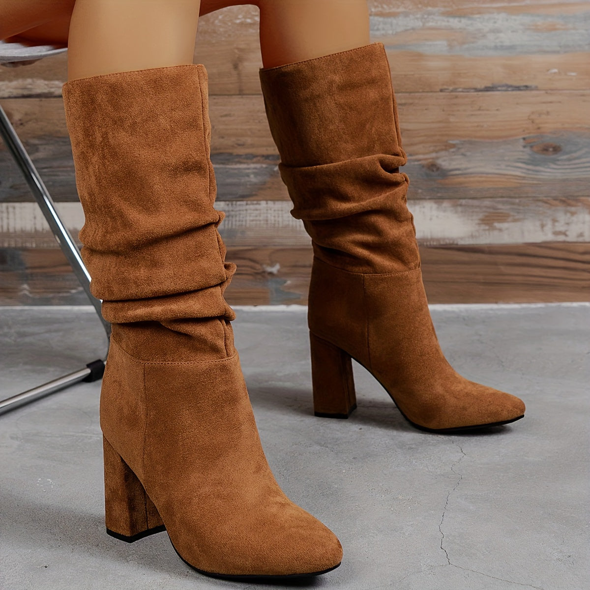 Bottes Mi-Mollet Femme Plissées, Aspect Daim, Talon Haut