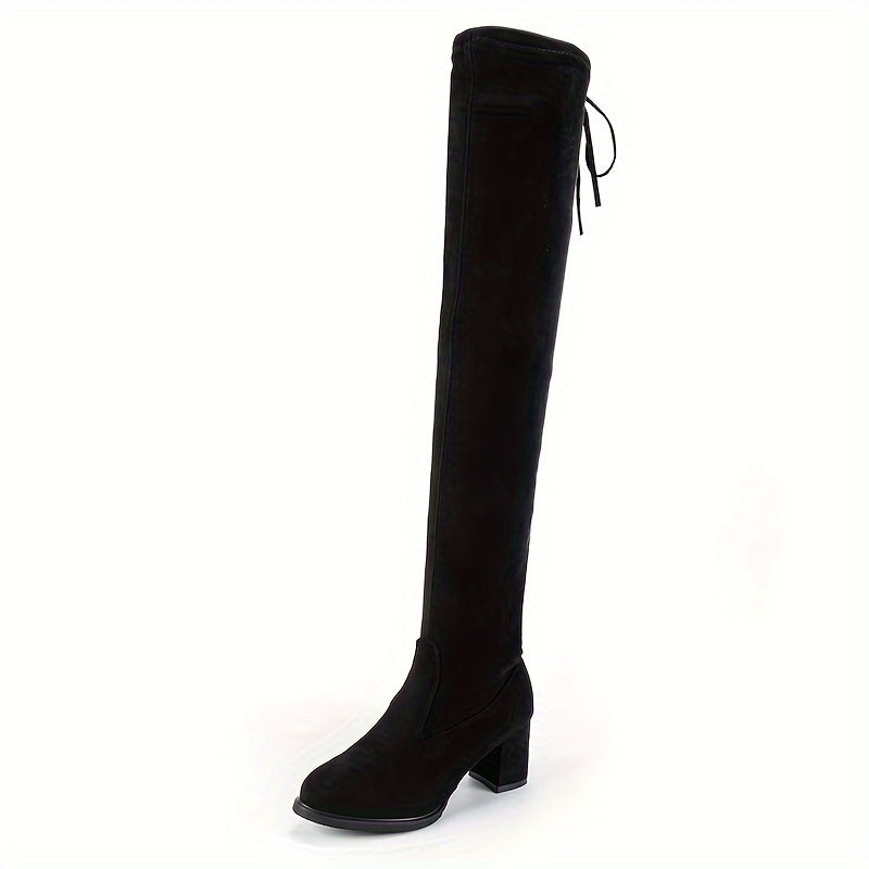 Bottes Cuissardes Femme Aspect Daim, Talon Bloc, Cordon, vue 5