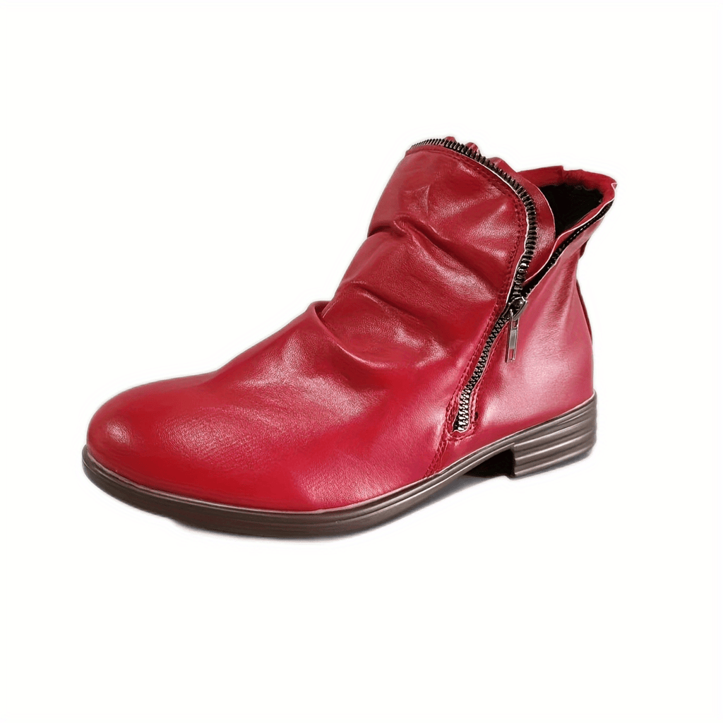 Bottines Femme Double Zip, Talon Bas – coloris rouge