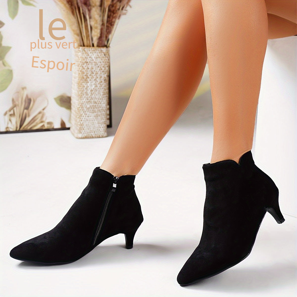 Bottines Femme Petit Talon, Aspect Daim, Noir ou Café, vue 4