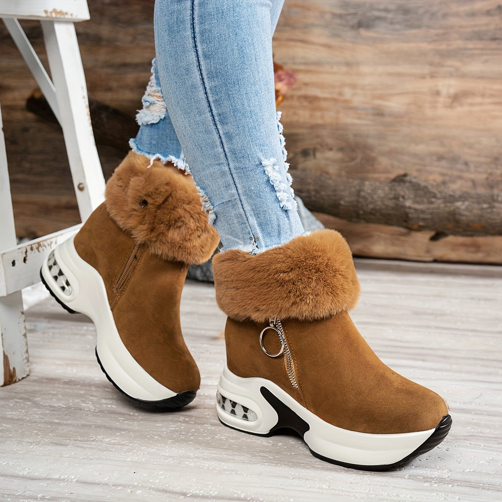Bottines Plateforme Effet Daim, Col Fausse Fourrure, vue 13