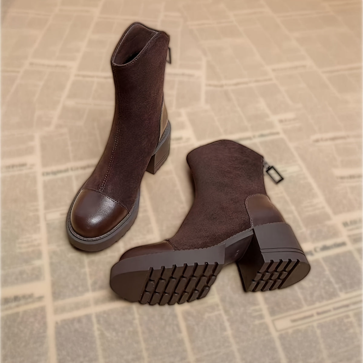 Bottines Femme Bi-Matière Aspect Daim, Zip Arrière – coloris café
