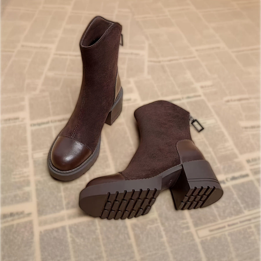 Bottines Femme Bi-Matière Aspect Daim, Zip Arrière – coloris café