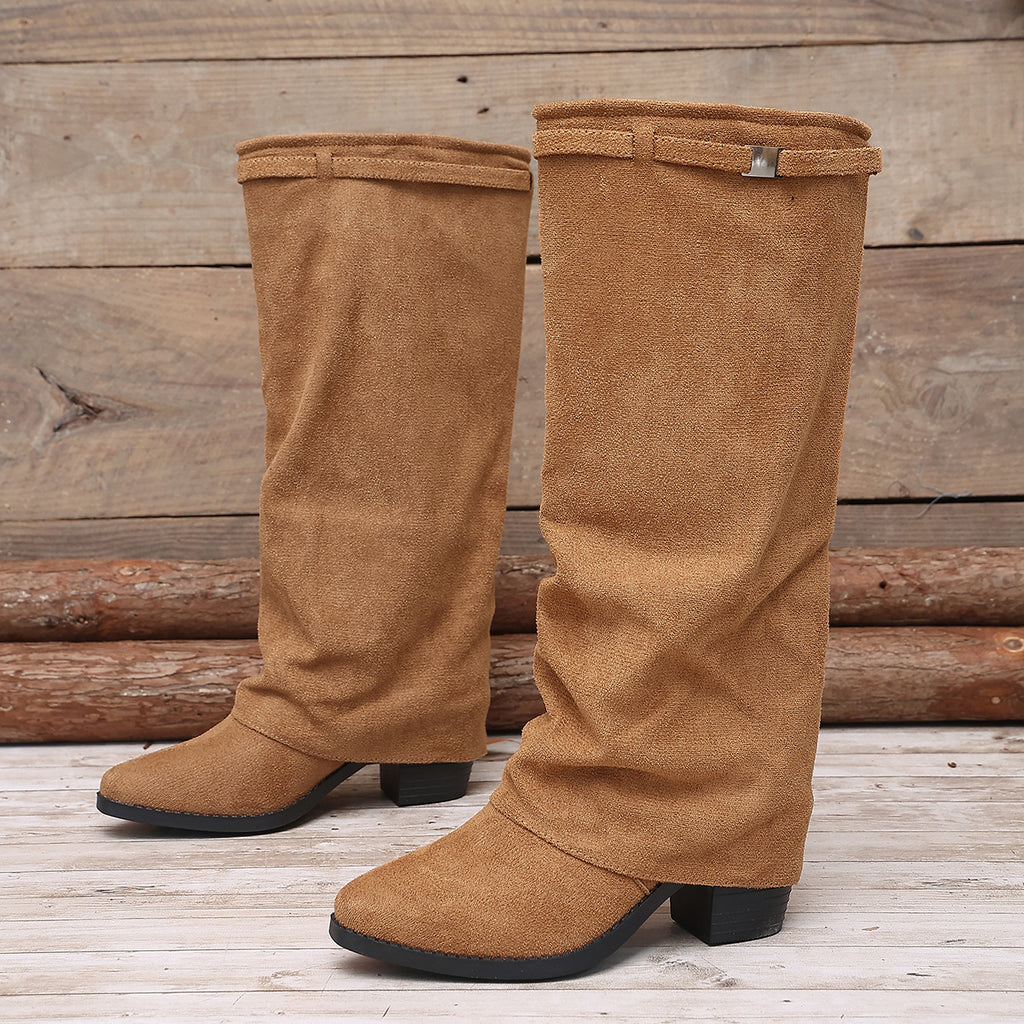 Bottes Hautes Femme à Revers, Aspect Daim, Talon Bloc, vue 7