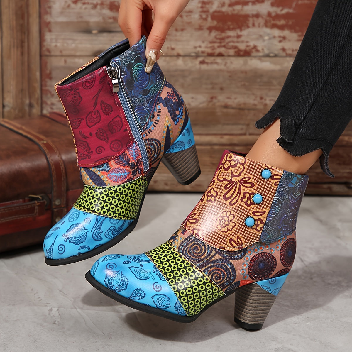 Bottines Femme Similicuir, Motif Fleuri, vue 6