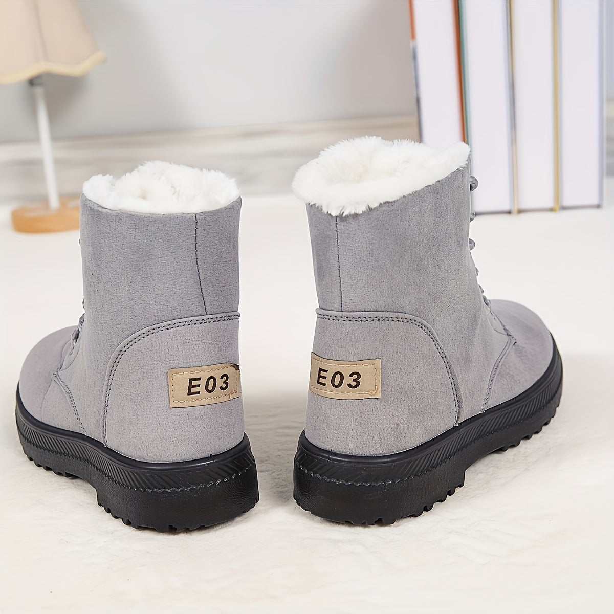 Bottes Fourrées Femme à Lacets, Aspect Daim, Col Peluche, vue 4