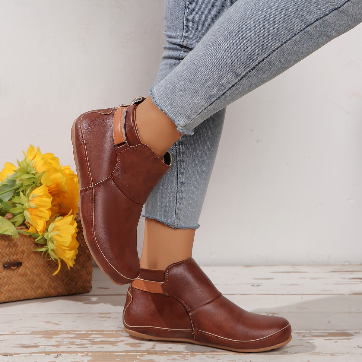 Bottes Cheville Femme Grande Taille en Simili Cuir – coloris marron foncé