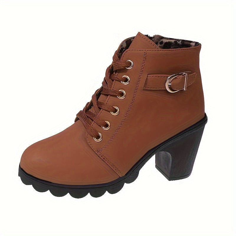 Bottines Femme Similicuir à Lacets, Talon Haut – coloris marron clair