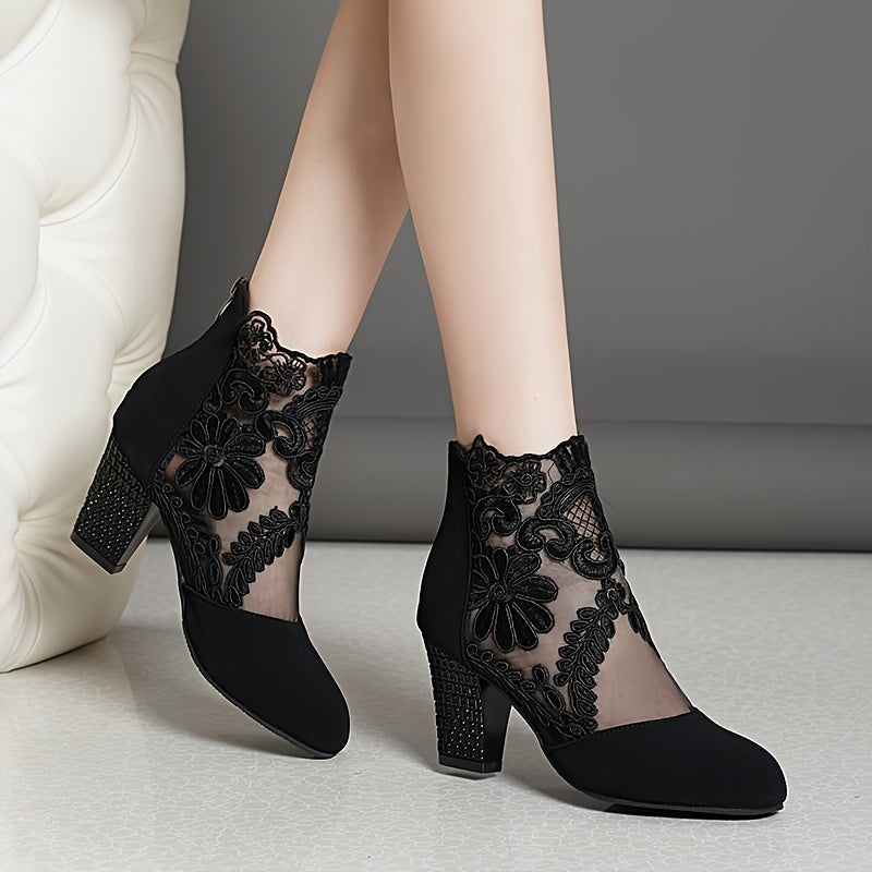 Bottines Femme en Dentelle Brodée, Fermeture Zip – coloris noir