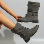 Bottes Mi-Mollet Femme Similicuir Vieilli, Double Boucle – coloris gris
