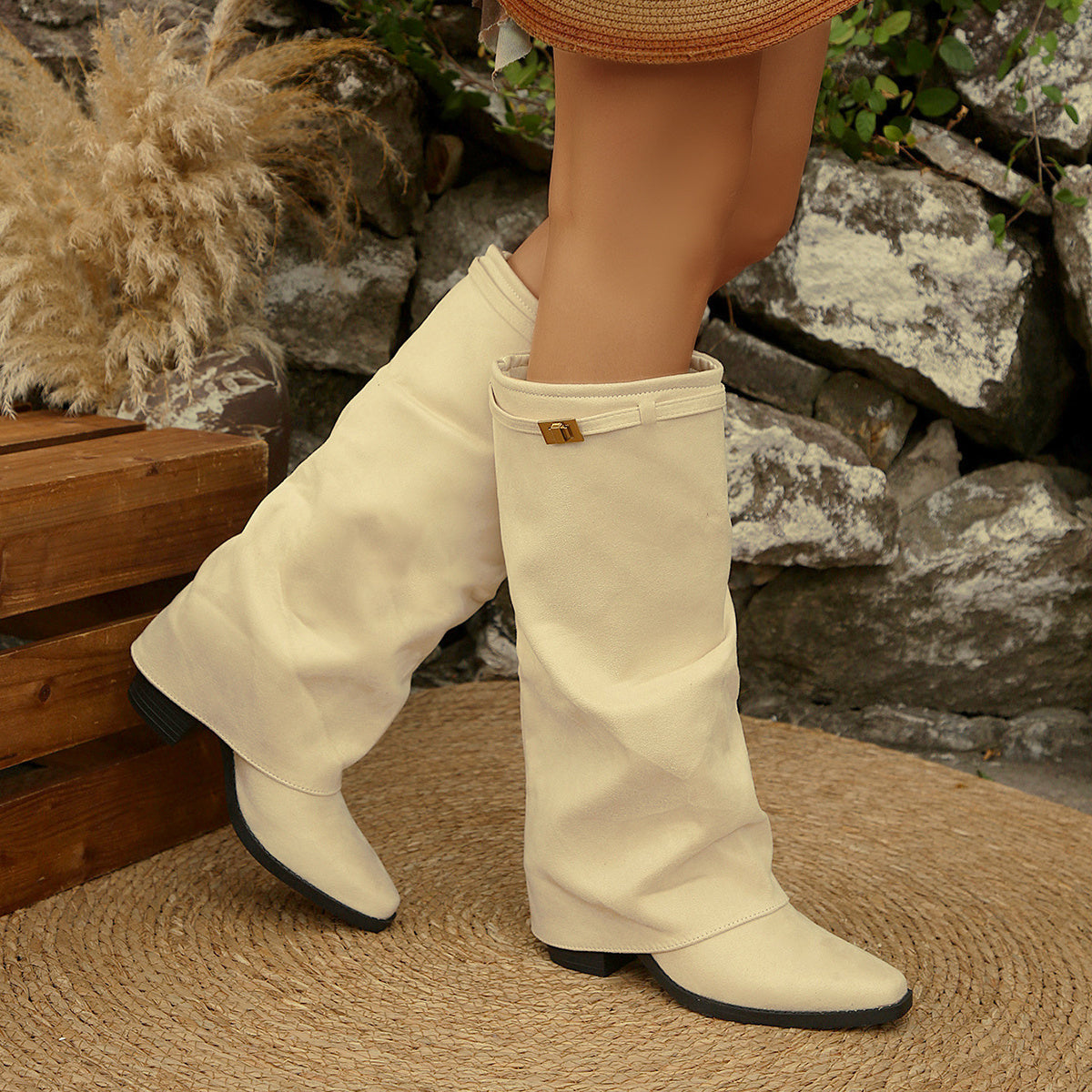 Bottes à Revers Femme en Tissu, Fermoir Doré – coloris écru