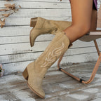 Bottes Cowboy Femme Brodées, Aspect Daim, Talon Bloc