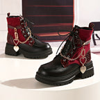 Bottes à Lacets Femme Similicuir Bordeaux et Noir, Chaîne Cœur, vue 4