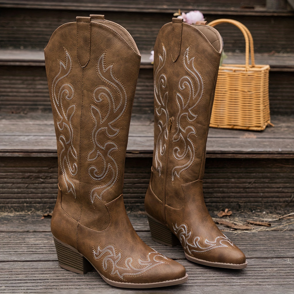 Bottes Cowboy Femme Hautes Brodées, Zip – coloris brun, vue 2