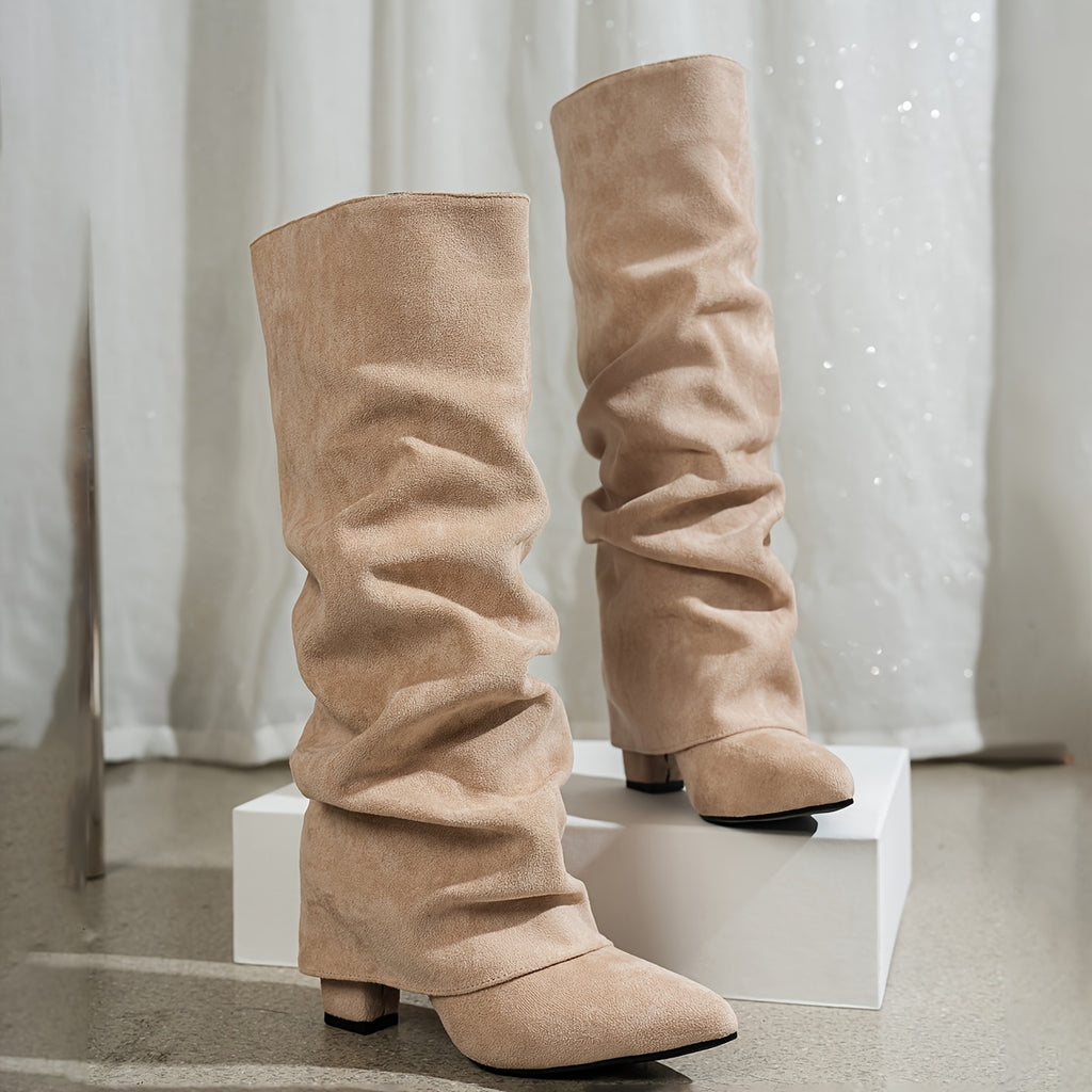 Bottes Mi-Mollet Femme Tombantes, Aspect Daim, Talon Bas – coloris beige