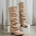 Bottes Mi-Mollet Femme Tombantes, Aspect Daim, Talon Bas – coloris beige