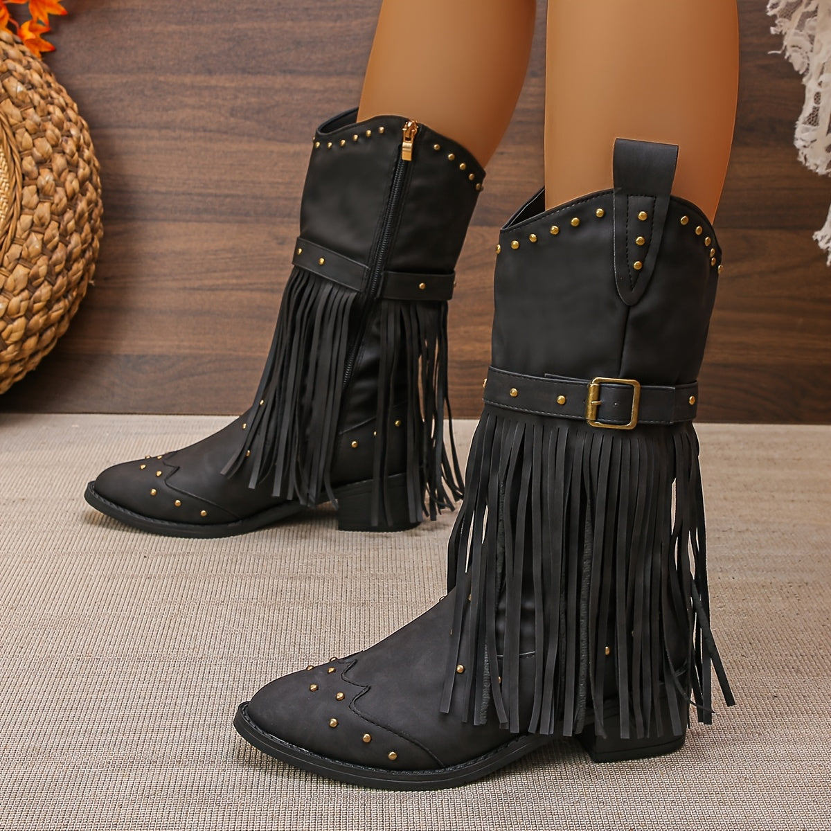 Bottes Femme Similicuir, Franges et Clous, vue 6