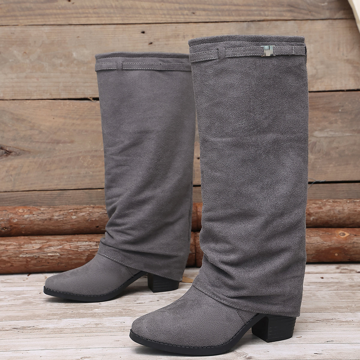 Bottes Hautes Femme à Revers, Aspect Daim, Talon Bloc, vue 13