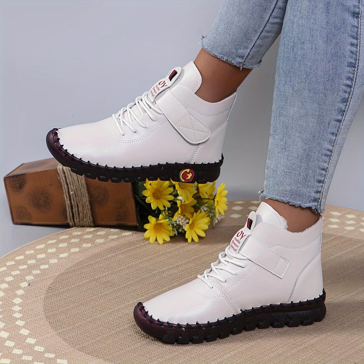 Bottines Montantes Similicuir, Coutures Apparentes – coloris blanc