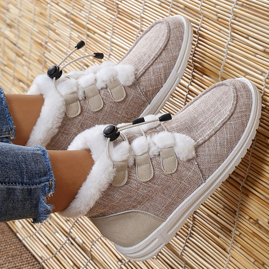 Bottes Fourrées Femme Courtes en Tissu, Lacets Élastiques, vue 4