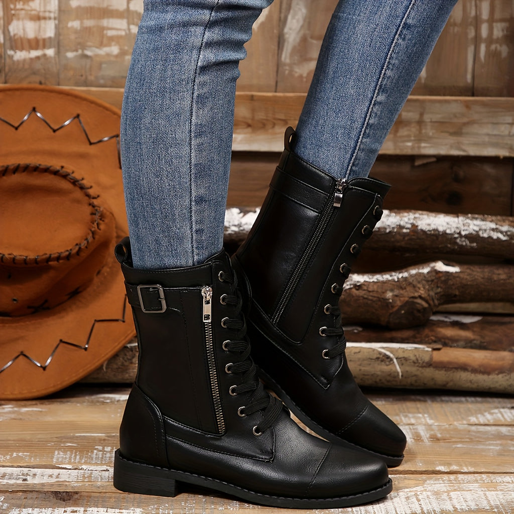 Bottes à Lacets Femme Similicuir, Zip et Bride à Boucle – coloris noir