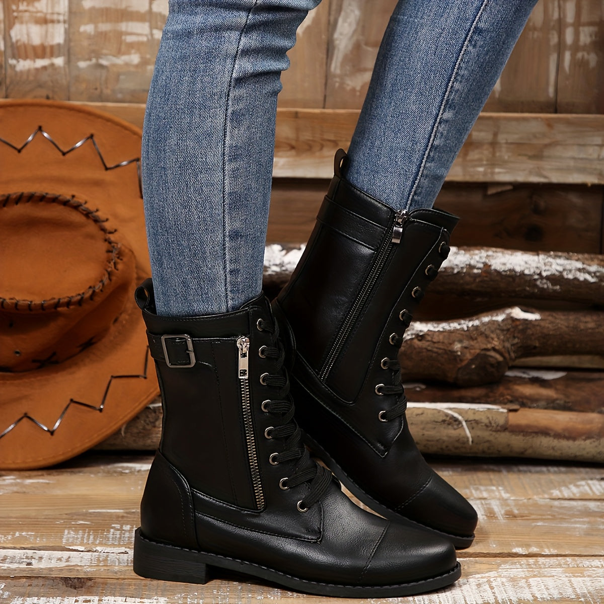 Bottes à Lacets Femme Similicuir, Zip et Bride à Boucle – coloris noir