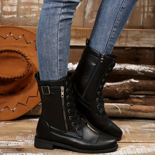 Bottes à Lacets Femme Similicuir, Zip et Bride à Boucle – coloris noir
