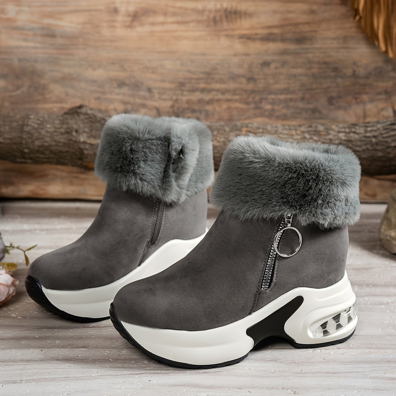 Bottines Plateforme Effet Daim, Col Fausse Fourrure – coloris gris