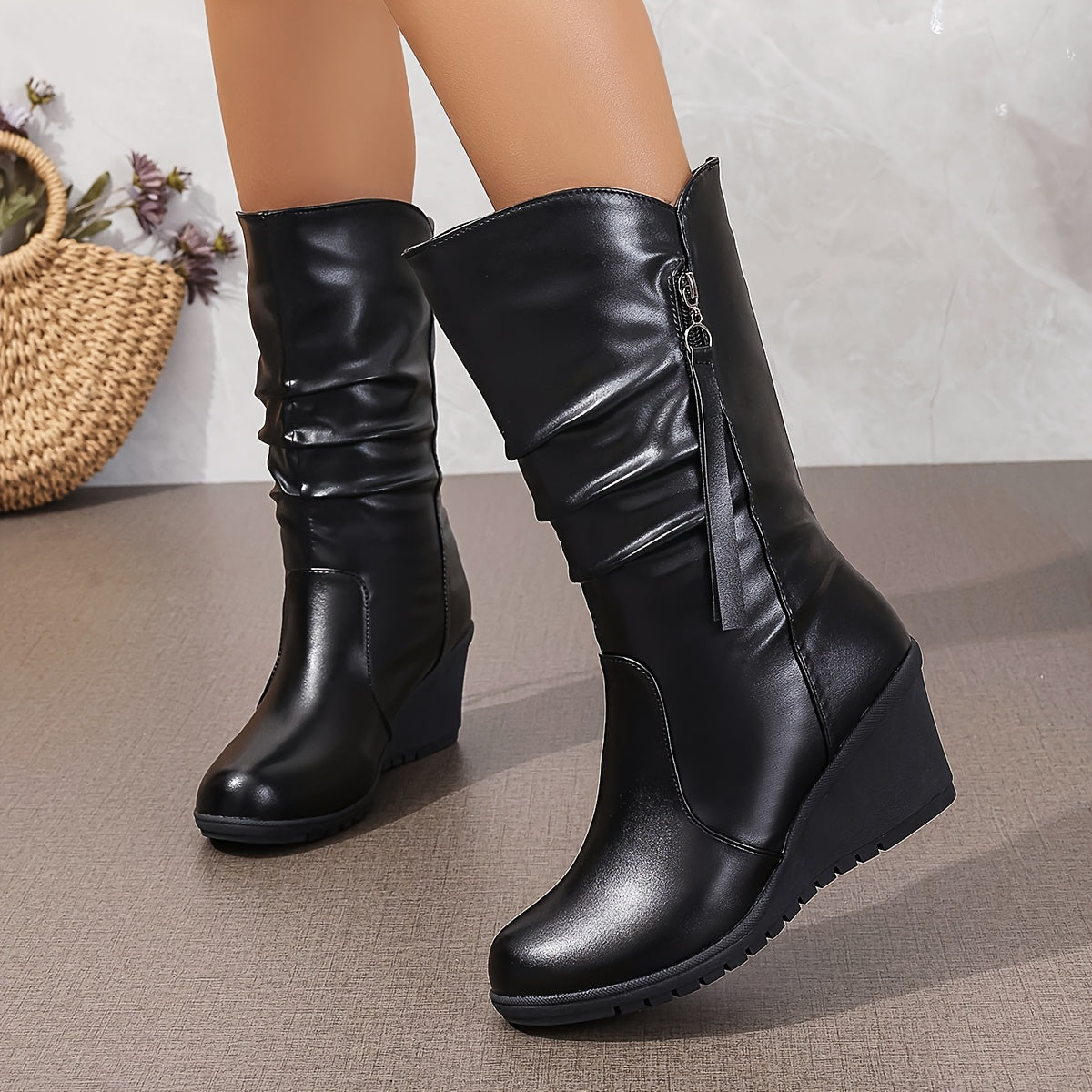 Bottes Compensées Femme Mi-Mollet, Similicuir Noir Froncé, vue 7