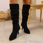 Bottes Hautes Femme Talon Aiguille, Aspect Daim Froncé – coloris noir