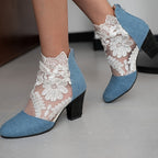 Bottines Femme en Dentelle Brodée, Fermeture Zip – coloris bleu