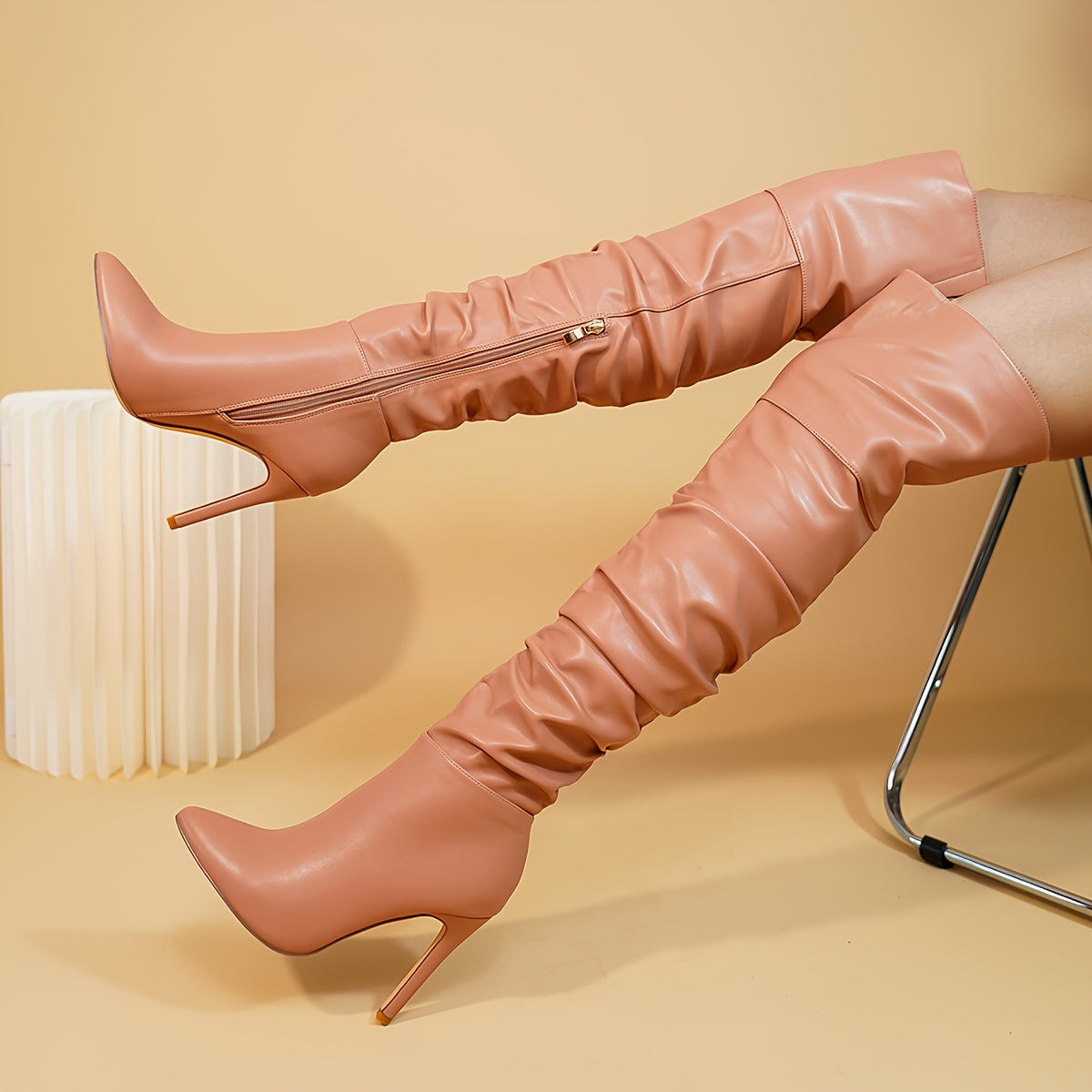 Cuissardes Femme Similicuir, Talon Fin – coloris gris rosé, vue 2