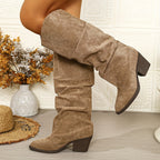 Bottes Hautes Femme Tombantes, Aspect Daim, Bout Pointu – coloris camel