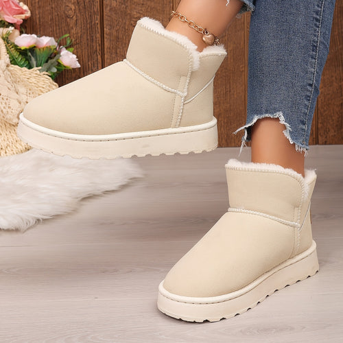 Bottes Fourrées Femme Courtes, Plateforme, Aspect Daim Écru
