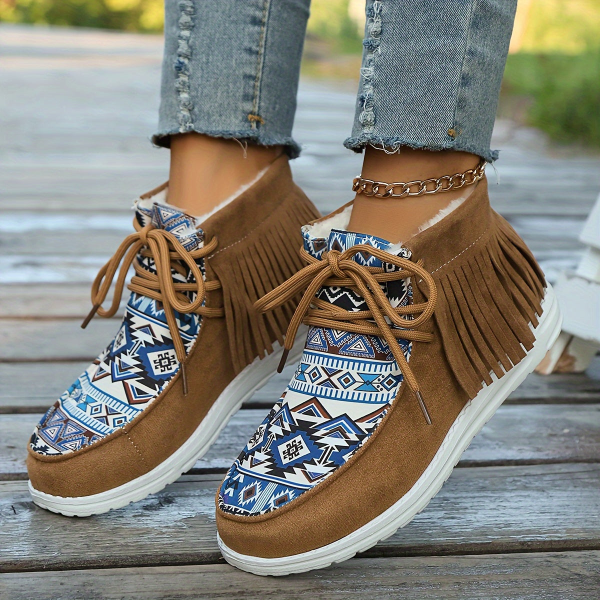 Bottines Mocassin Femme, Franges et Imprimé Aztèque, vue 2