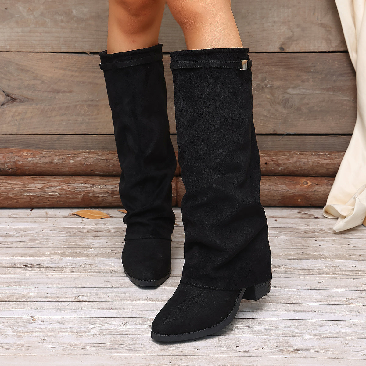 Bottes Hautes Femme à Revers, Aspect Daim, Talon Bloc, vue 5