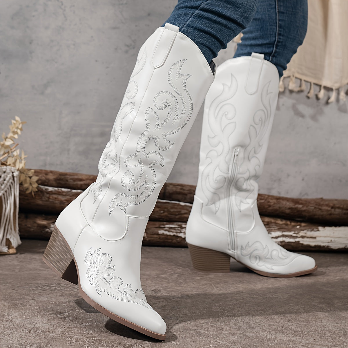 Bottes Cowboy Femme Hautes Brodées, Zip – coloris blanc, vue 2