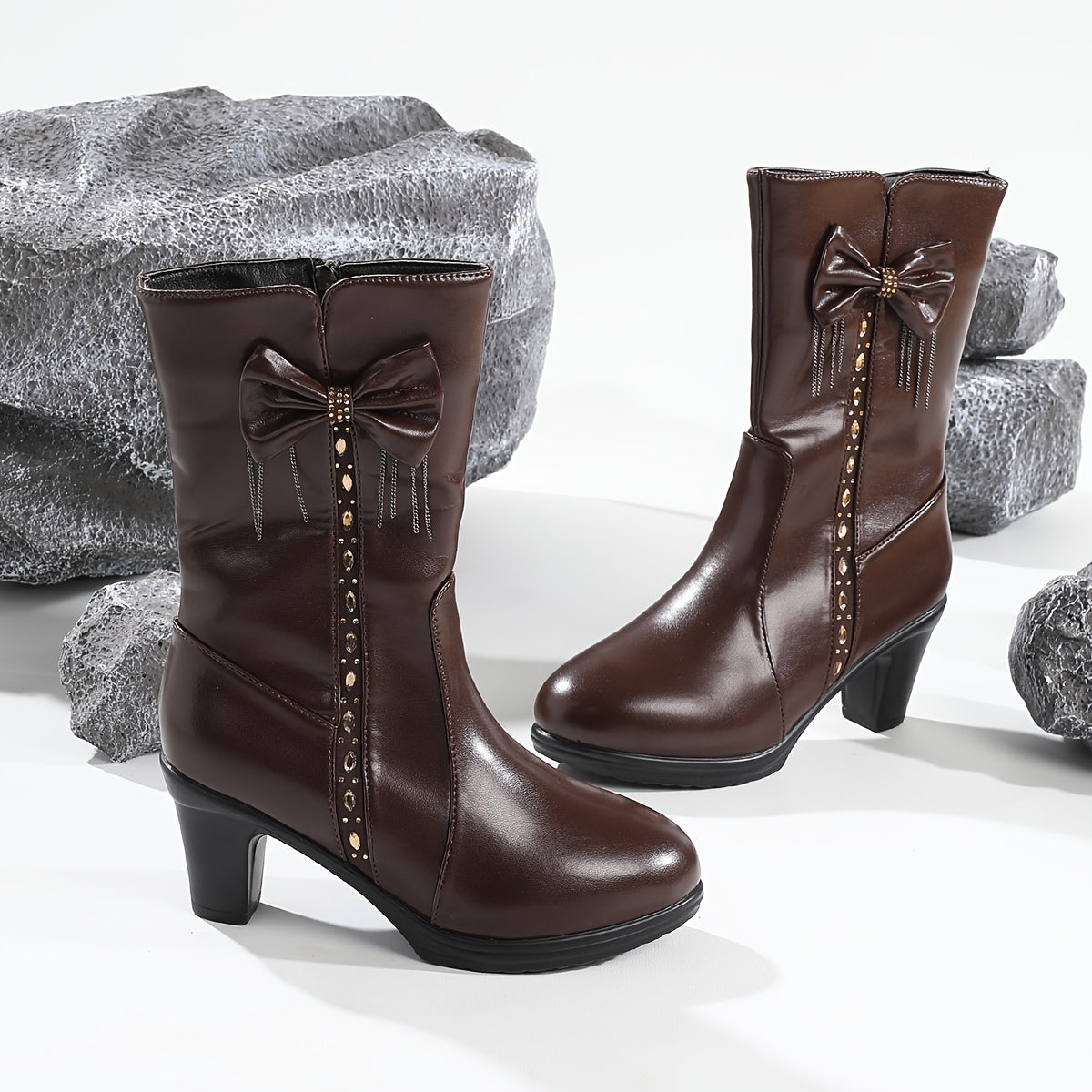 Bottes Mi-Hautes Femme Similicuir, Nœud, vue 4