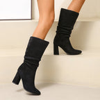 Bottes Mi-Mollet Femme Plissées, Aspect Daim, Talon Haut, vue 6
