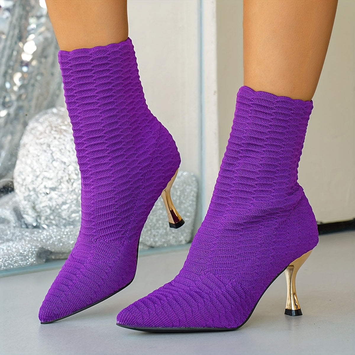 Bottes Chaussettes Femme Maille Texturée, Talon Doré, vue 18
