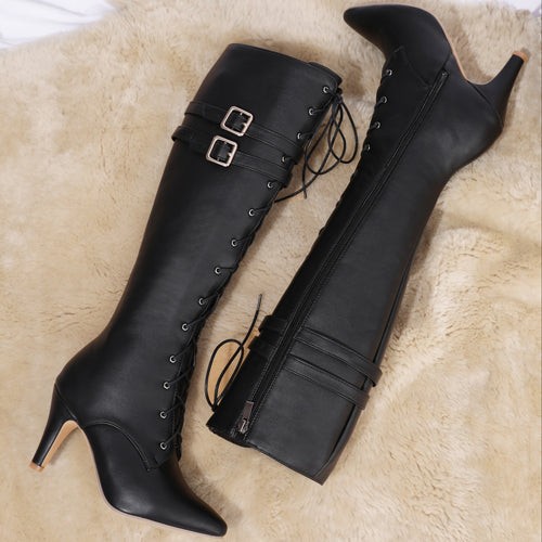 Bottes à Lacets Femme Hautes Similicuir, Talon Fin, Boucles, vue 3