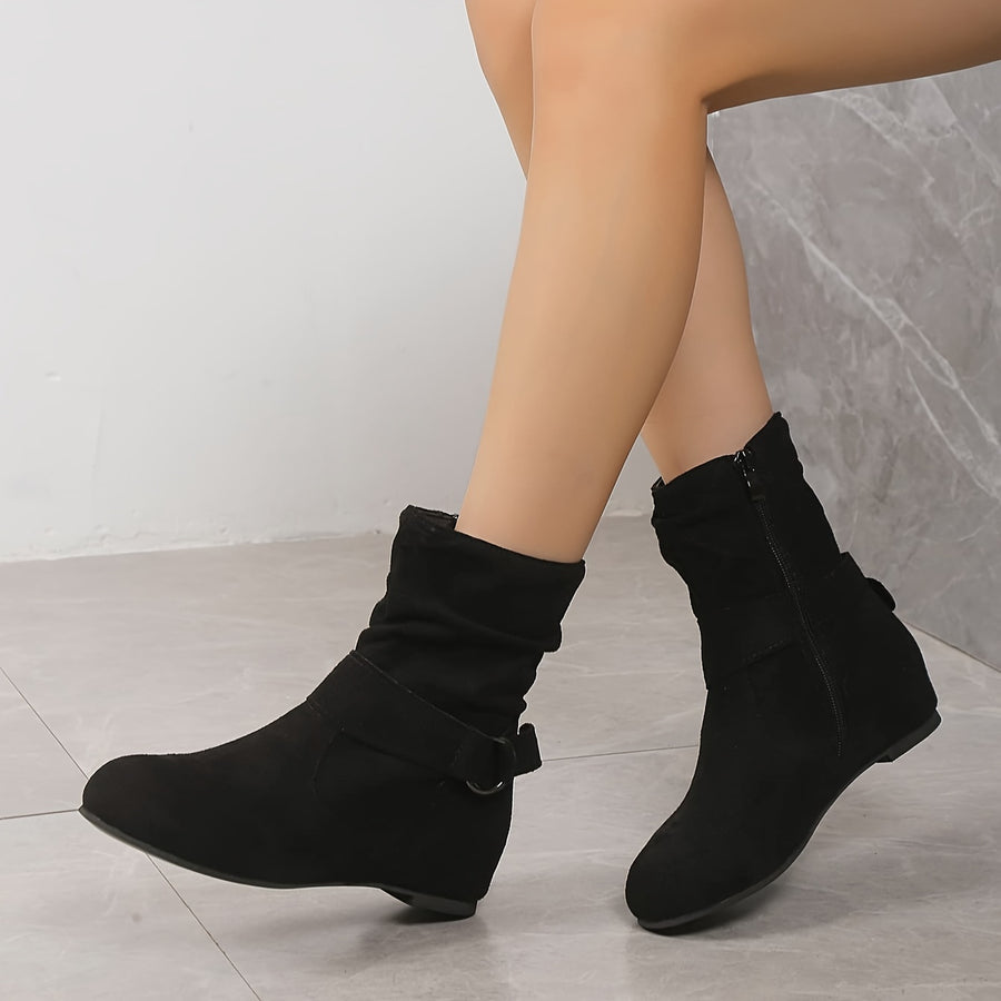 Bottines Femme Aspect Daim, Tige Froncée, Zip et Boucle – coloris noir