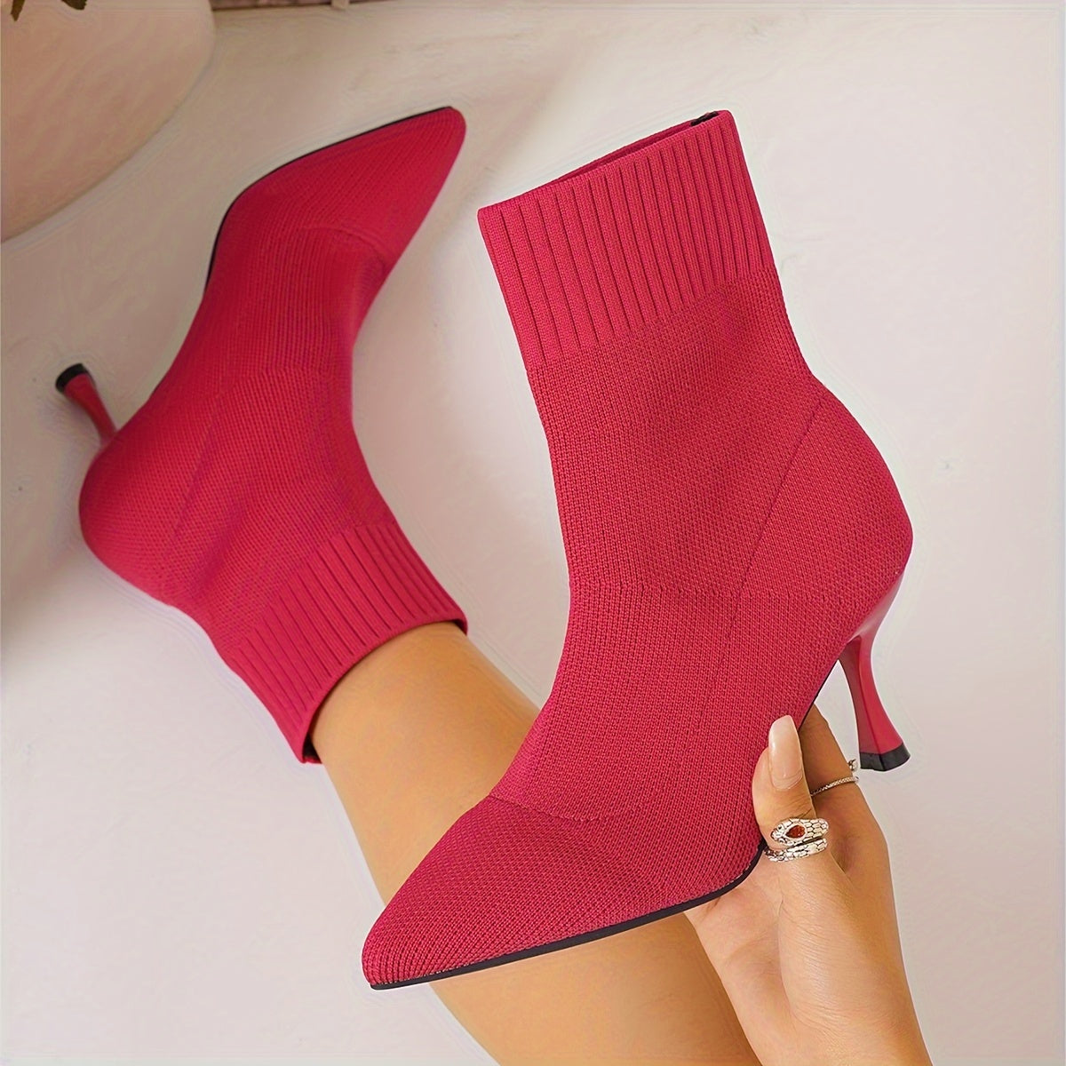 Bottes Chaussettes Femme, Talon Aiguille – coloris framboise