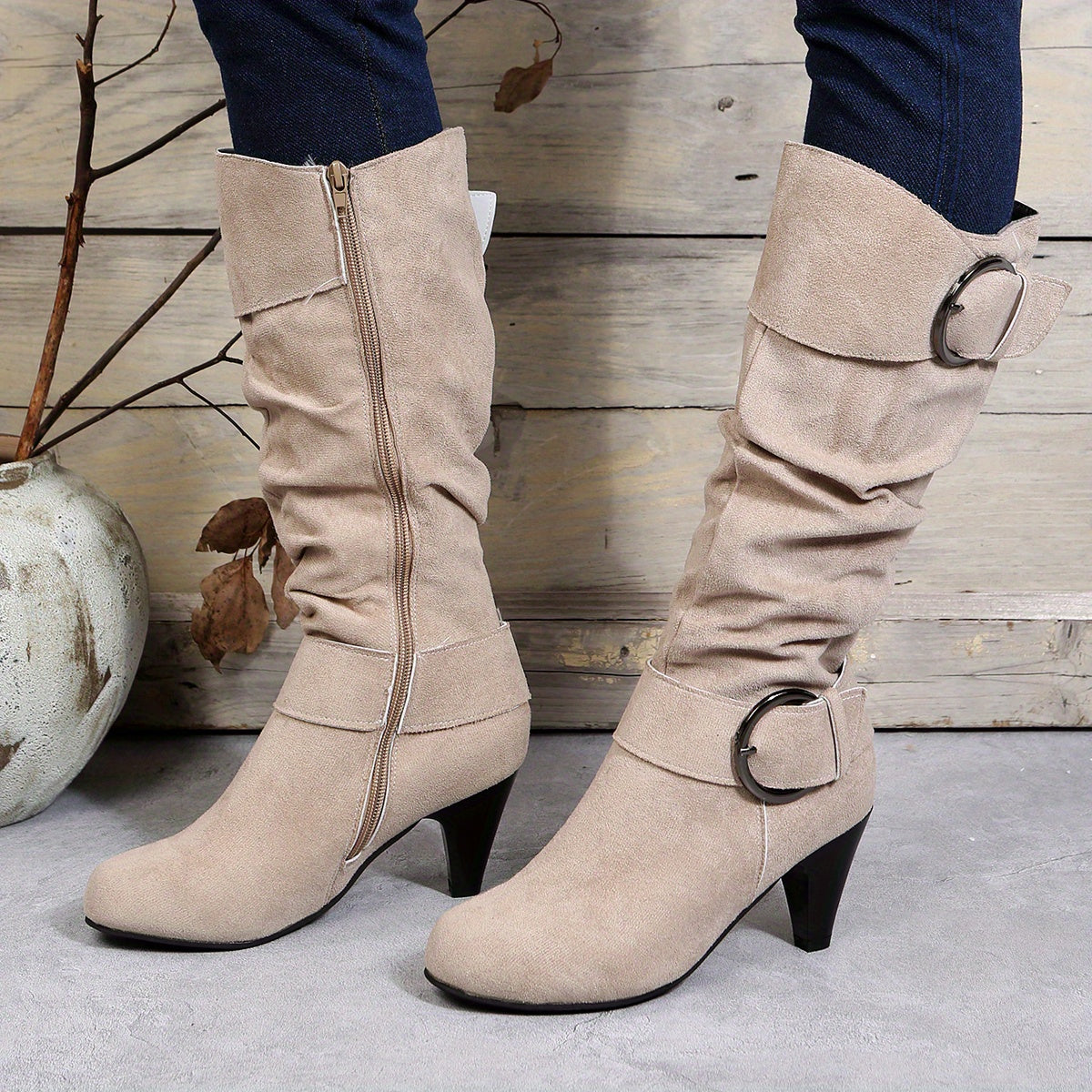 Bottes Femme Hautes, Brides à Boucle, Aspect Suédé, vue 9