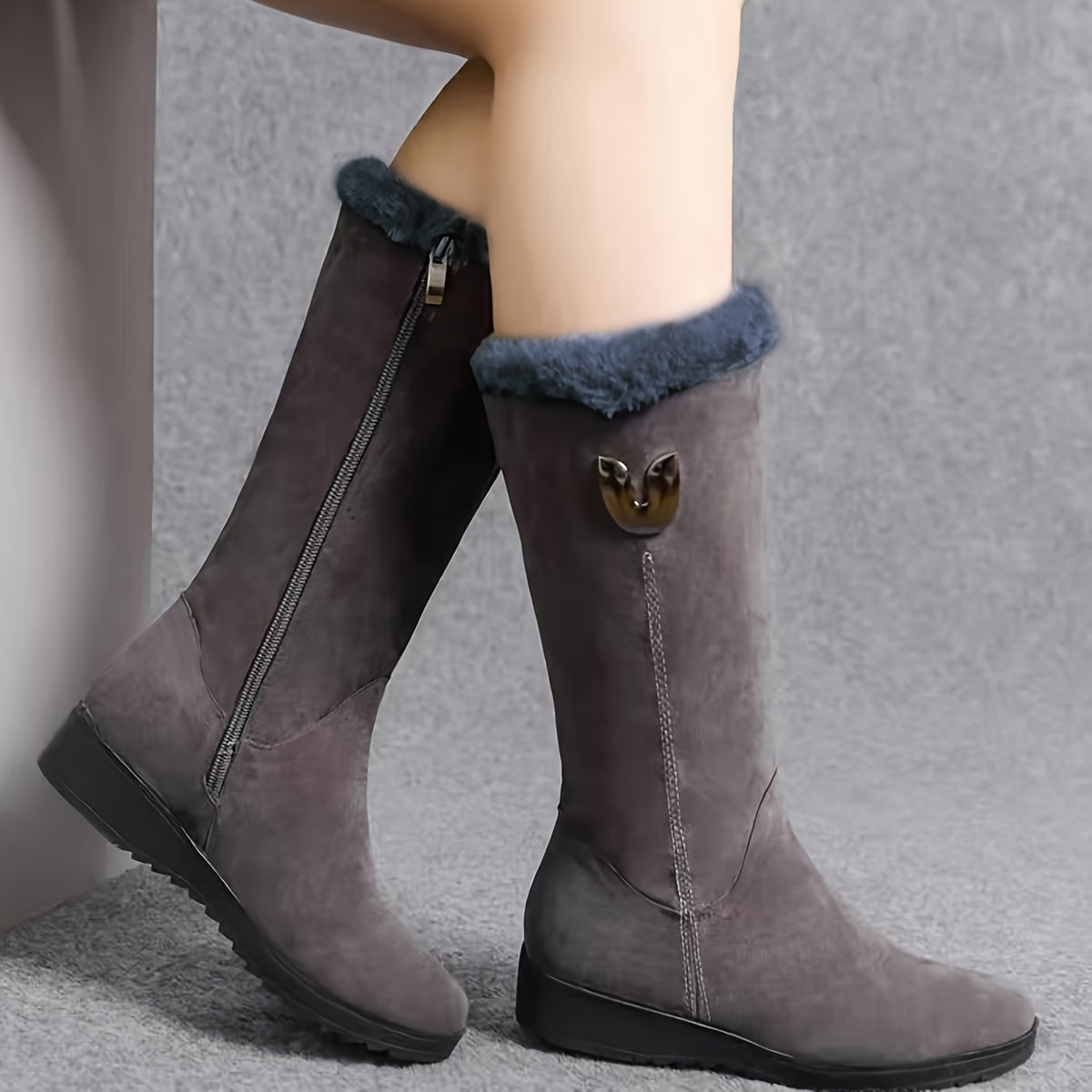 Bottes Mi-Mollet Femme, Col Fausse Fourrure, vue 3