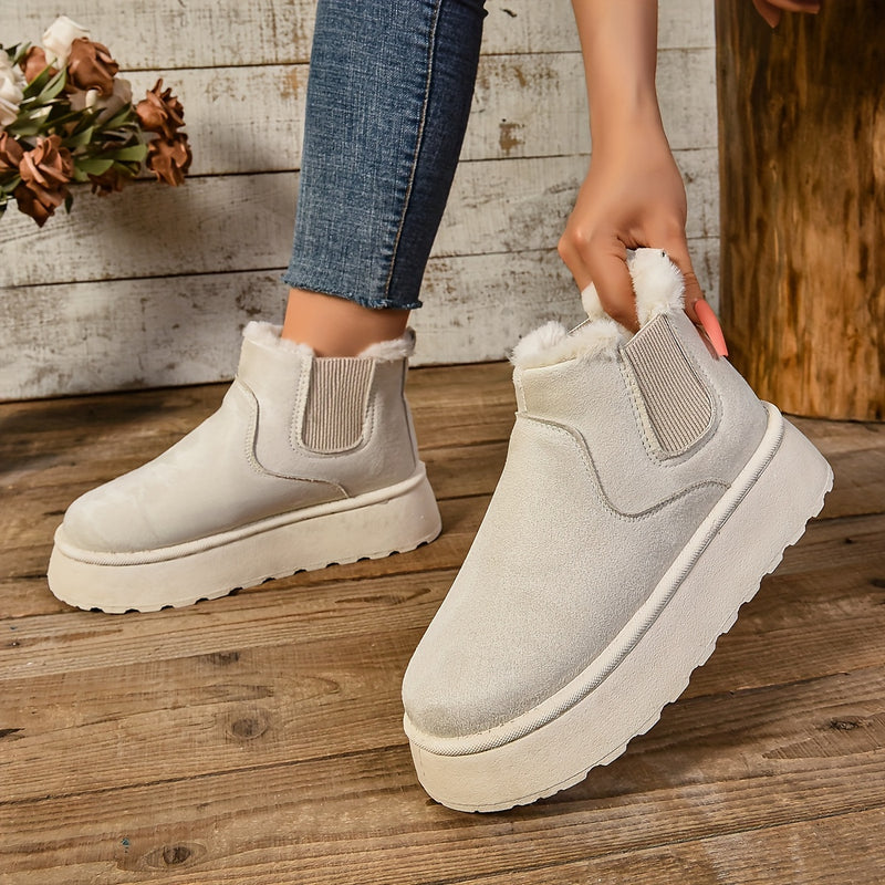 Bottines Chelsea Plateforme Femme, Col Fourrure – coloris beige