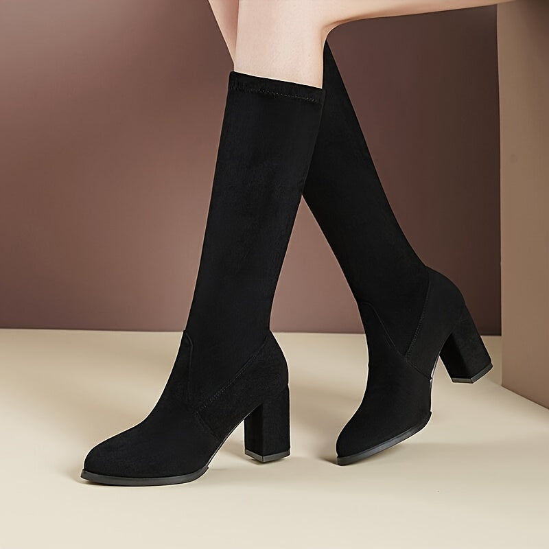 Bottes Hautes Femme Extensibles Aspect Daim, Talon Bloc – coloris noir