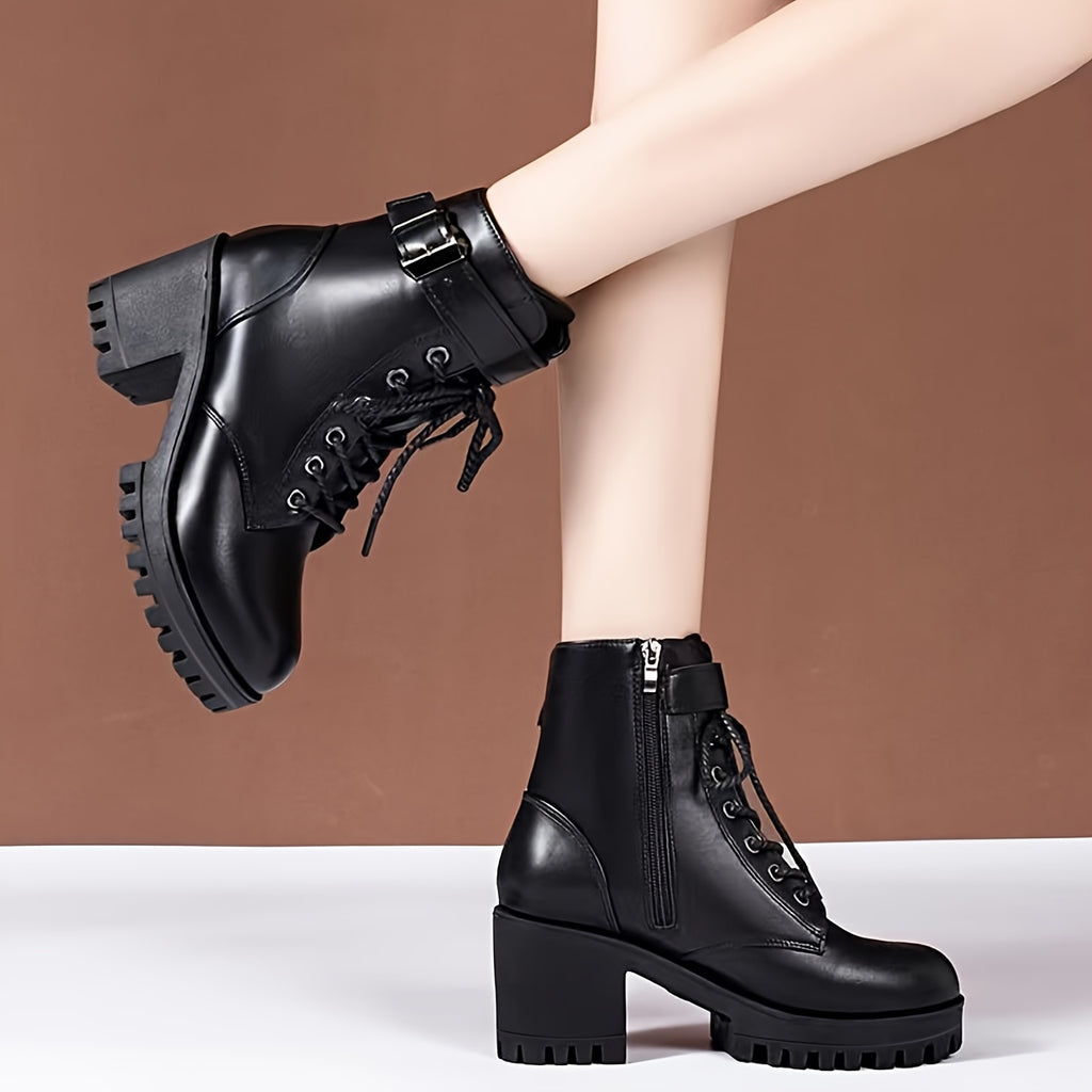 Bottes à Lacets Femme Similicuir, Sangle à Boucle, vue 2